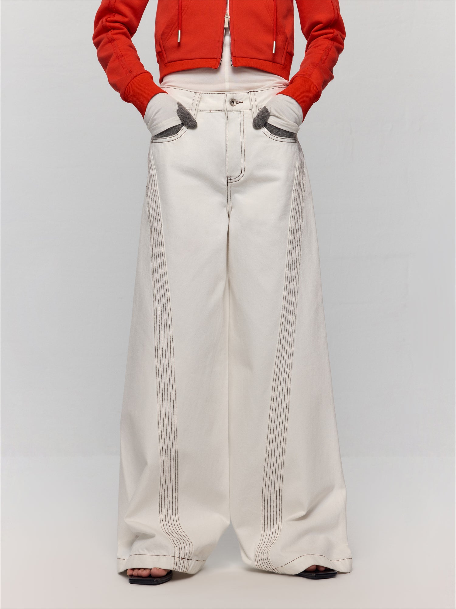 White Jeans Clear Stitching Wide-Leg Pants Jeans