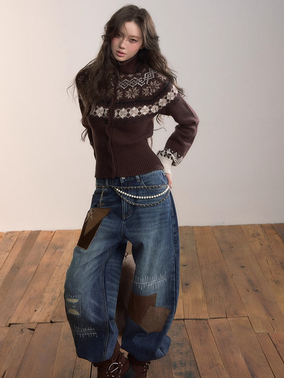 Fair Isle Wool-Blend Turtleneck Knit Cardigan