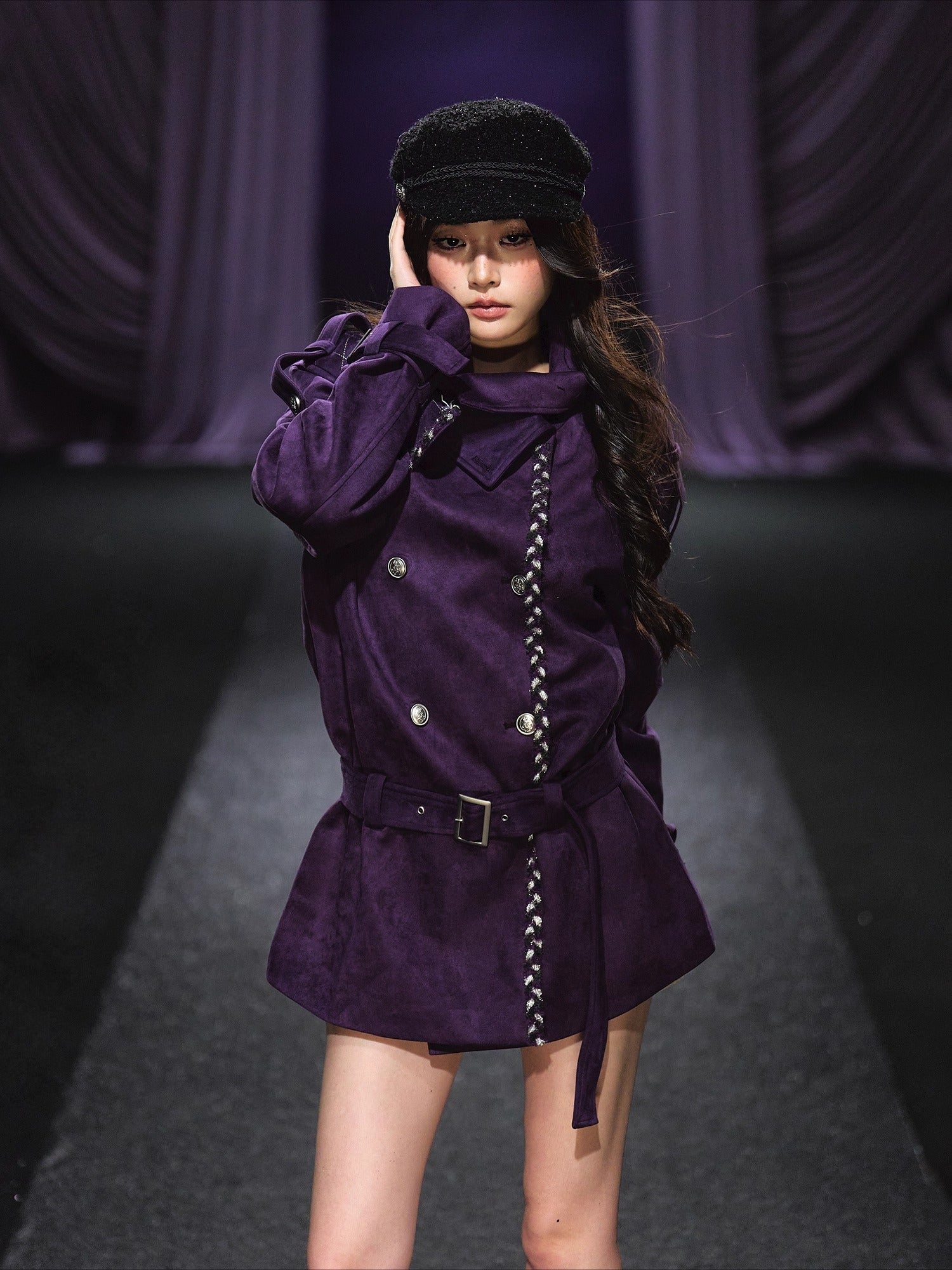 Purple Suede Stand-Collar Trench Jacket