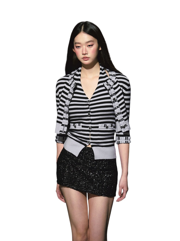 Contrast Stripe Halter Camisole Tank Top &amp; Cardigan Set - CHINASQUAD