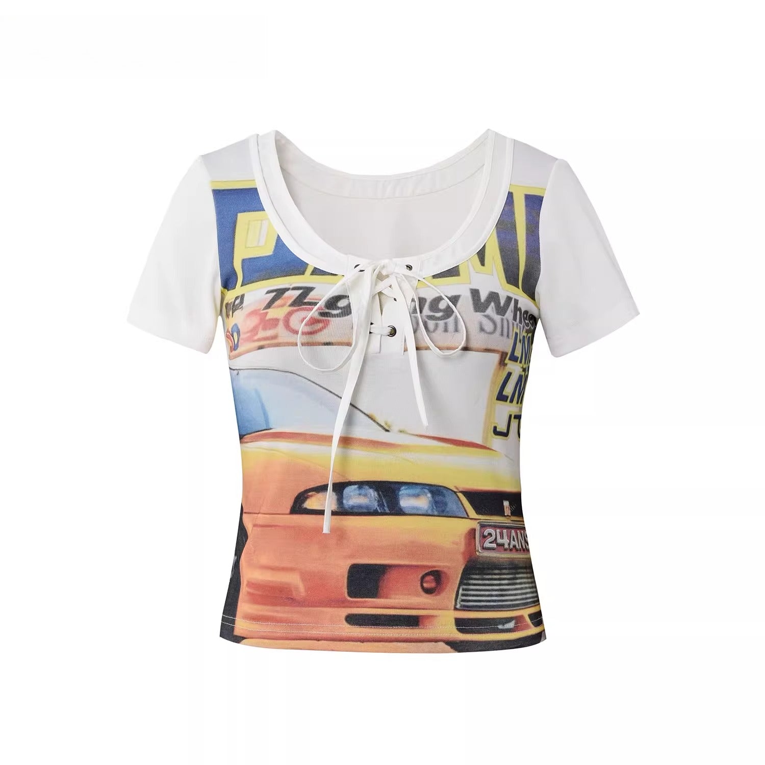 Retro Racing Print Layered-Look Patchwork T-Shirt