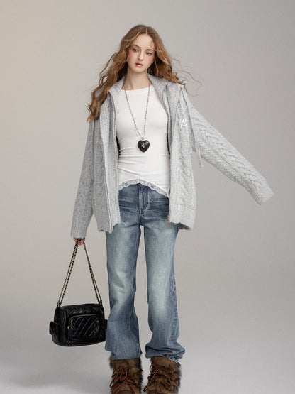 Two-Piece Chunky Knit High-Neck Cardigan