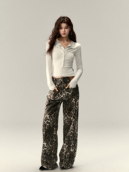 Leopard Print Camo Wide-Leg Cargo Pants