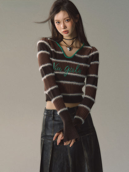 V-neck Striped Knitted Sweater - CHINASQUAD