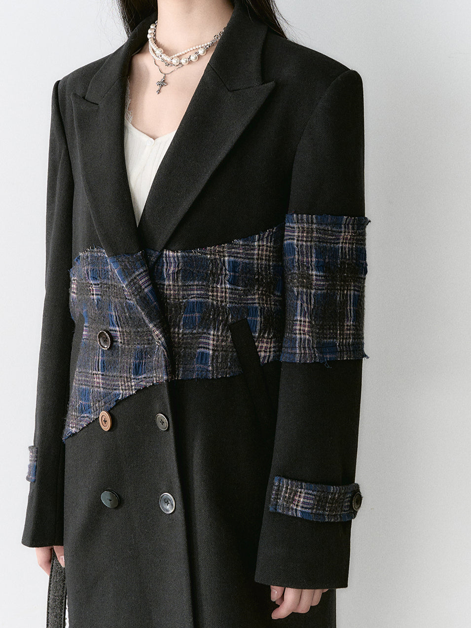 Wool Blend Plaid Patchwork French Coat