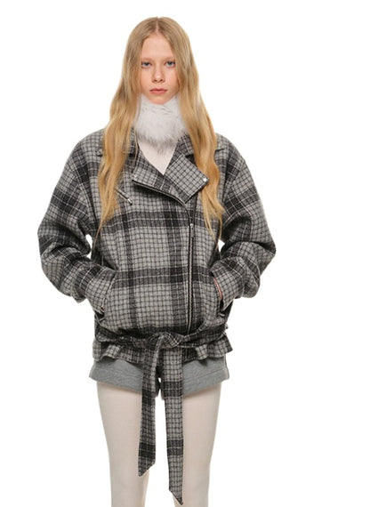 Gray Plaid Woolen Moto Jacket