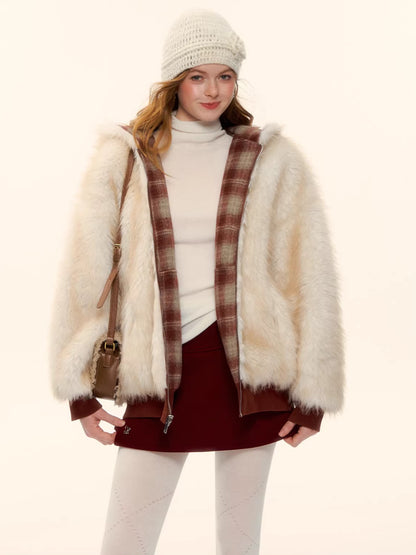 Reversible Plaid Teddy Fur Jacket