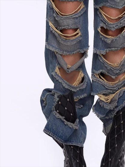 Vintage Washed Distressed Wide-Leg Denim Jeans