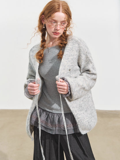 Double-Layer Ruffle Raglan Sleeve Fleece T-Shirt