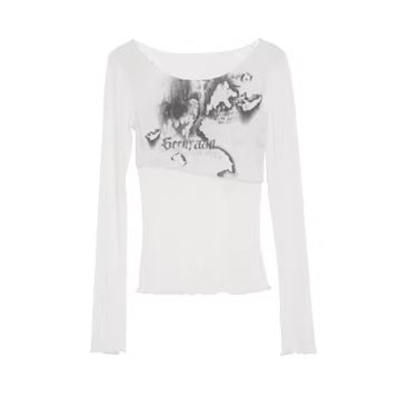 Street-Style Printed Mesh Long-Sleeve T-Shirt