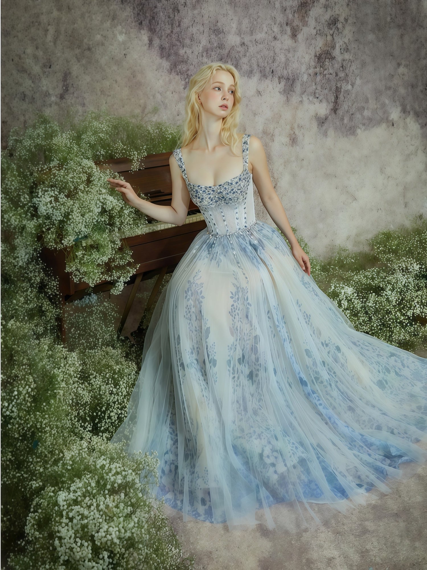 Azure Bloom Crystal Embellished Ball Gown