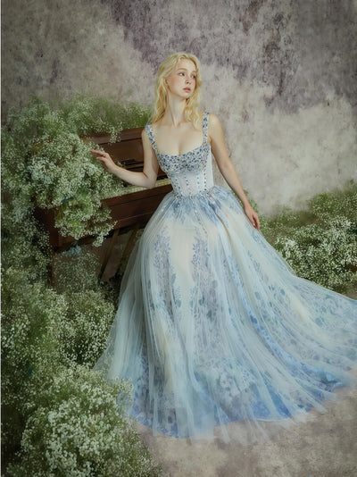 Azure Bloom Crystal Embellished Ball Gown