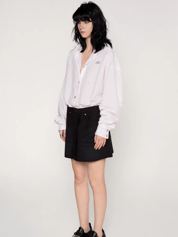 Washed Patchwork Faux Two-Piece Shirt Dress