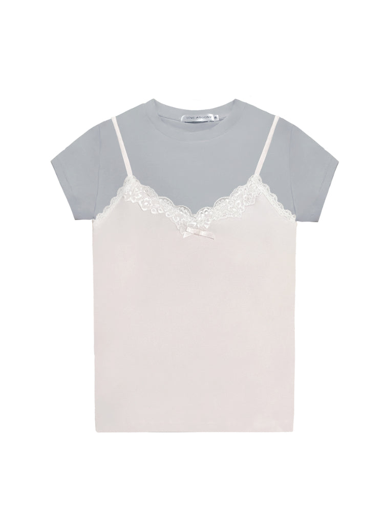 Fake Two Piece Lace Bow Short-Sleeve T-shirt