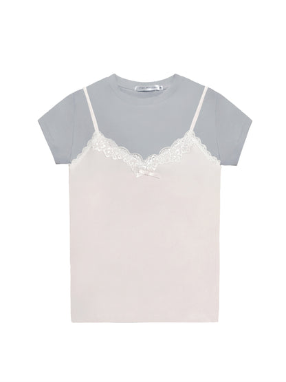 Fake Two Piece Lace Bow Short-Sleeve T-shirt
