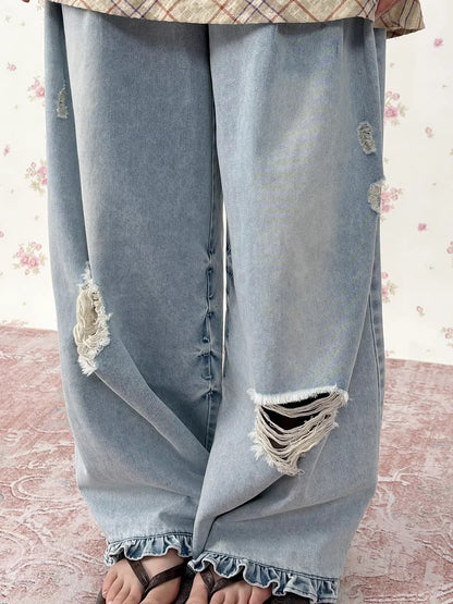 Vintage Distressed Wide-Leg Denim Jeans