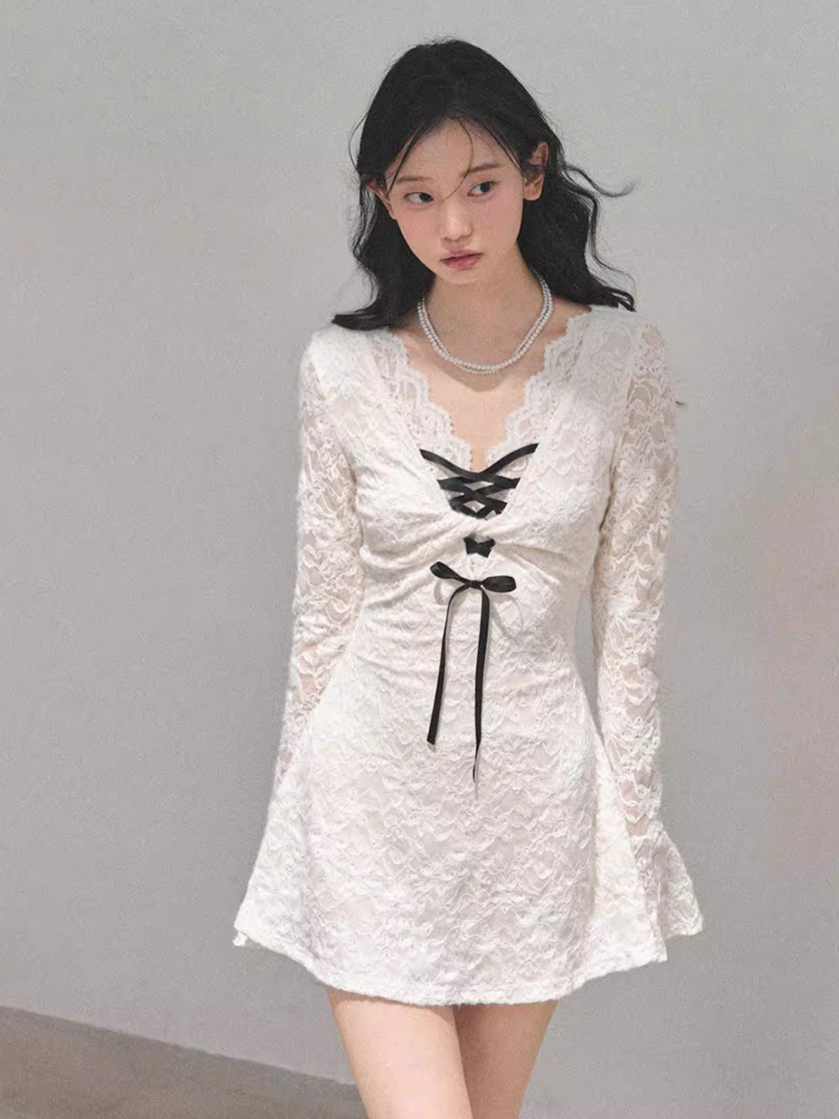 Lace Puff-Skirt V-Neck Mini Dress