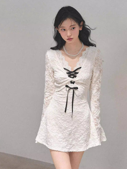 Lace Puff-Skirt V-Neck Mini Dress