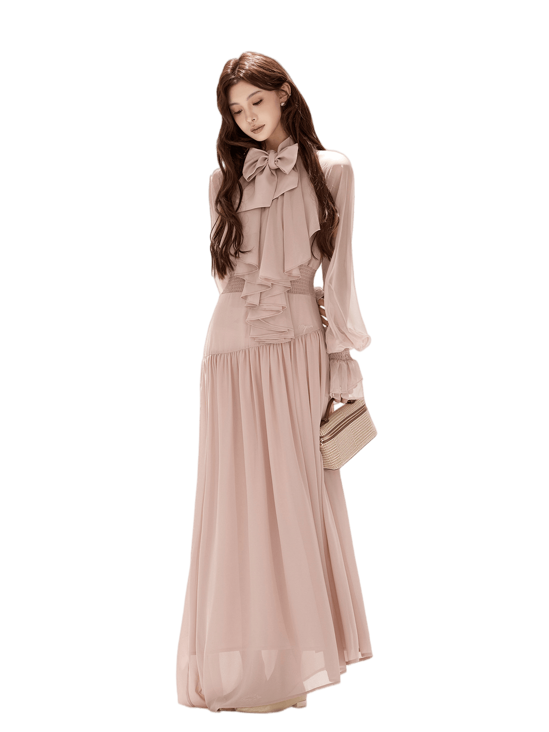 V-Neck Lantern Sleeve Maxi Dress