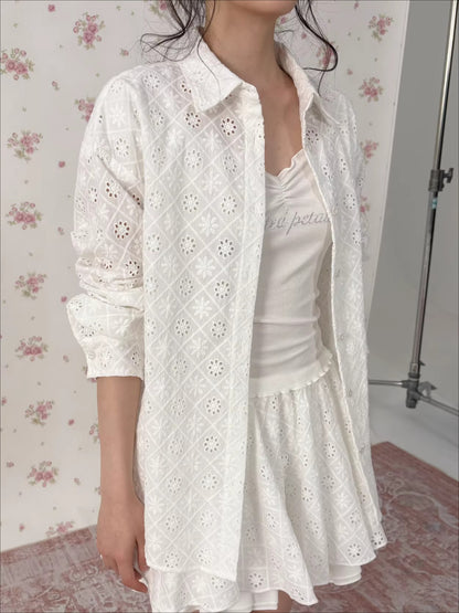 Lace Cutout Shirt &amp; Pleated Skirt Set