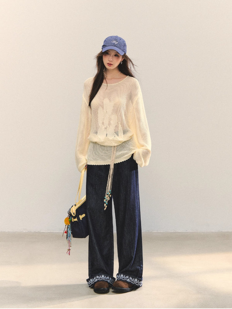 Floral Jacquard Knitted Hollow Crewnecks