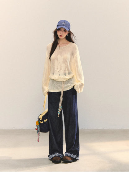 Floral Jacquard Knitted Hollow Crewnecks