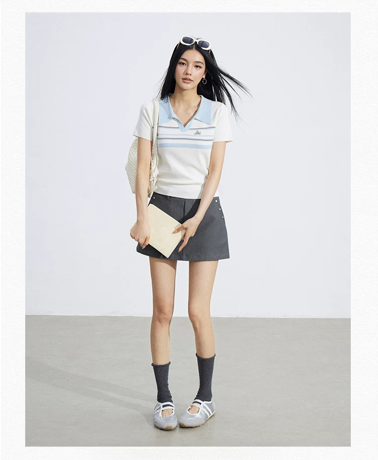 Striped Contrast Collar Ice Silk Polo Top