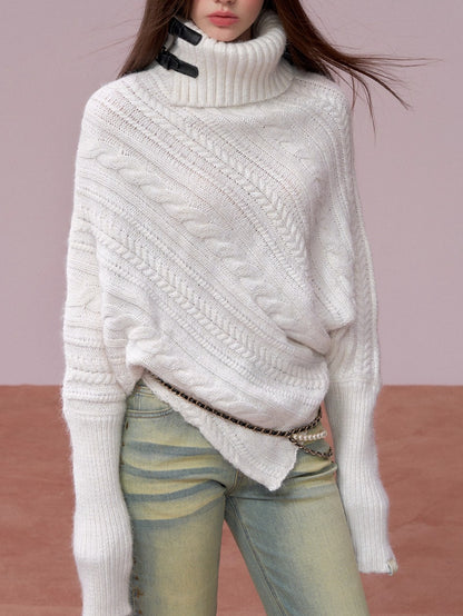 Leather-Buckle Thickened Cape Sweater