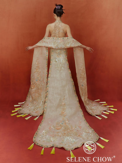 Imperial Gold Embroidered Halter Gown with Regal Shawl and Train