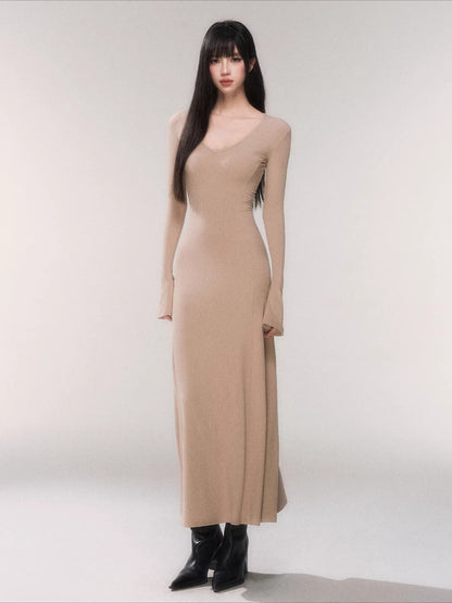 V-Neck Waist-Defining Knit Maxi Dress