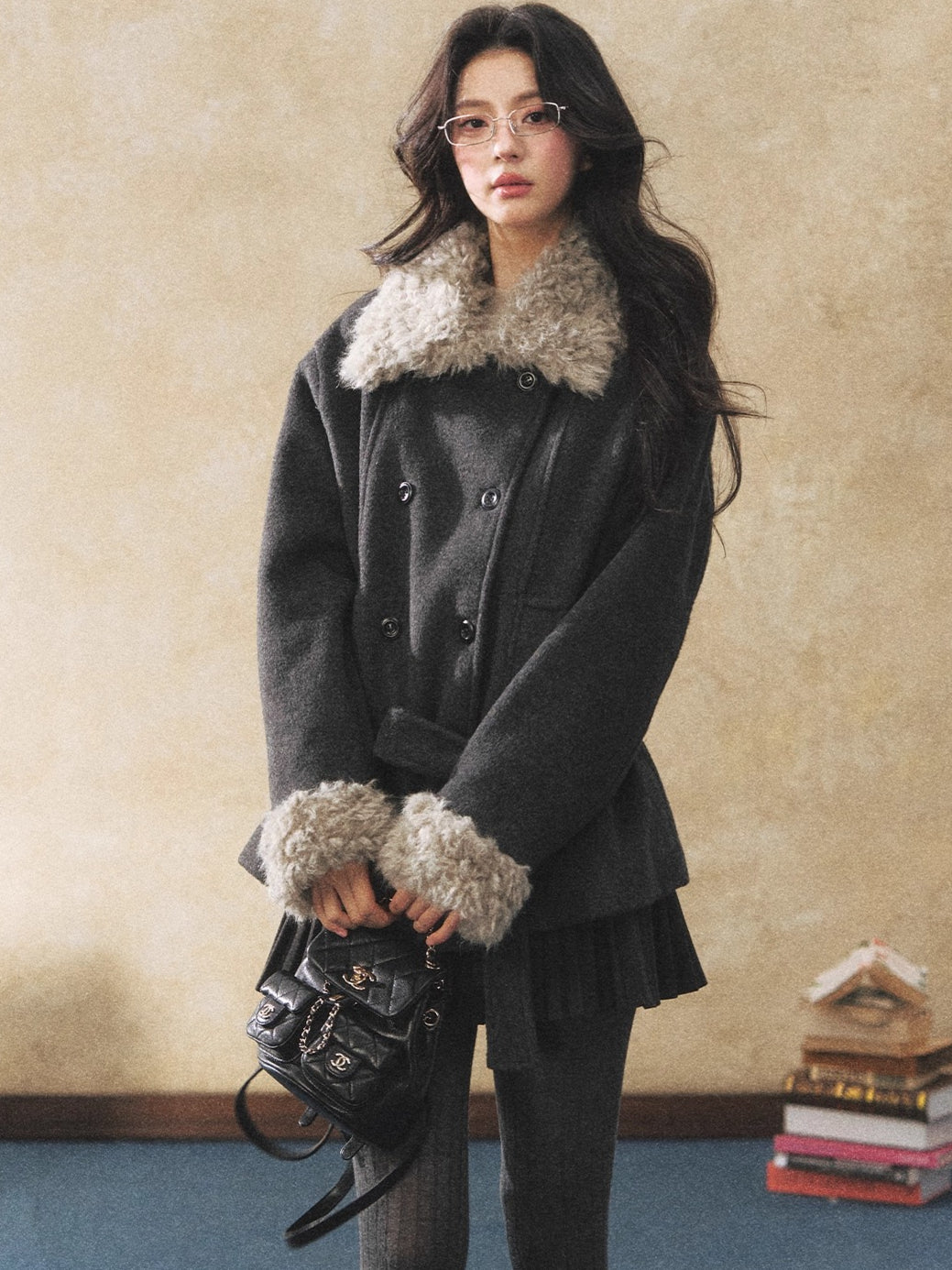 Fur Collar Tie-Waist Wool-Blend Jacket