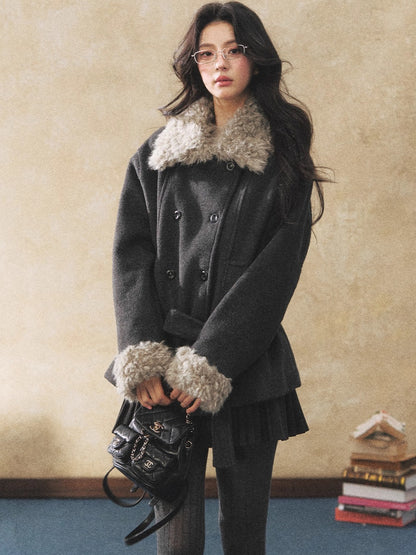Fur Collar Tie-Waist Wool-Blend Jacket