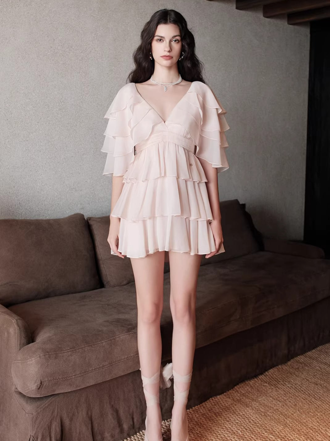 V-Neck Waist-Defined Midi Dress