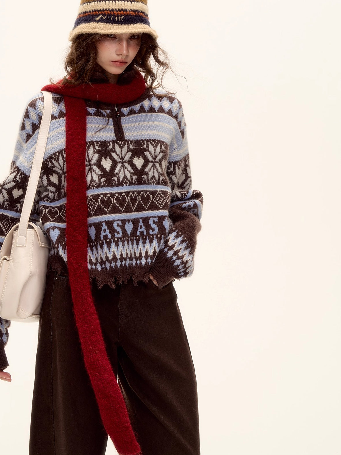 Vintage Fair Isle Half-Zip Fringe Hem Sweater