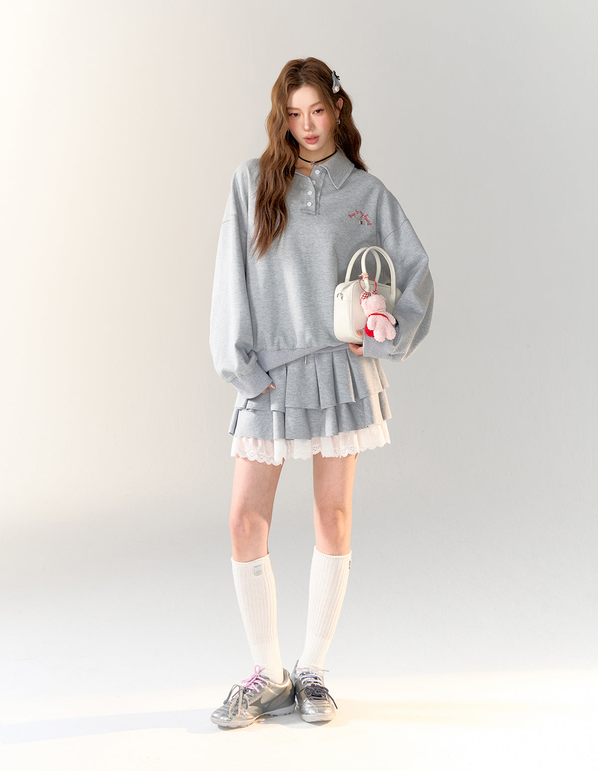 American College Style Polo Collar Sweatshirt &amp; Skirt Set