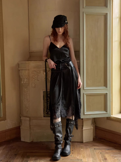 Lace Patchwork Plaid V-Neck Slip Dress