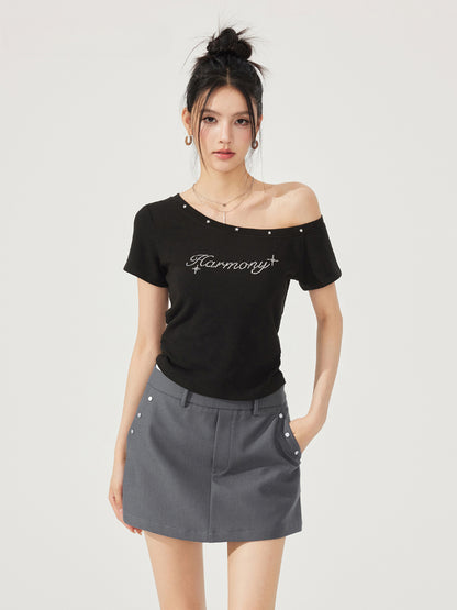 High-Elasticity Star-Studded Diagonal Shoulder T-Shirt - CHINASQUAD