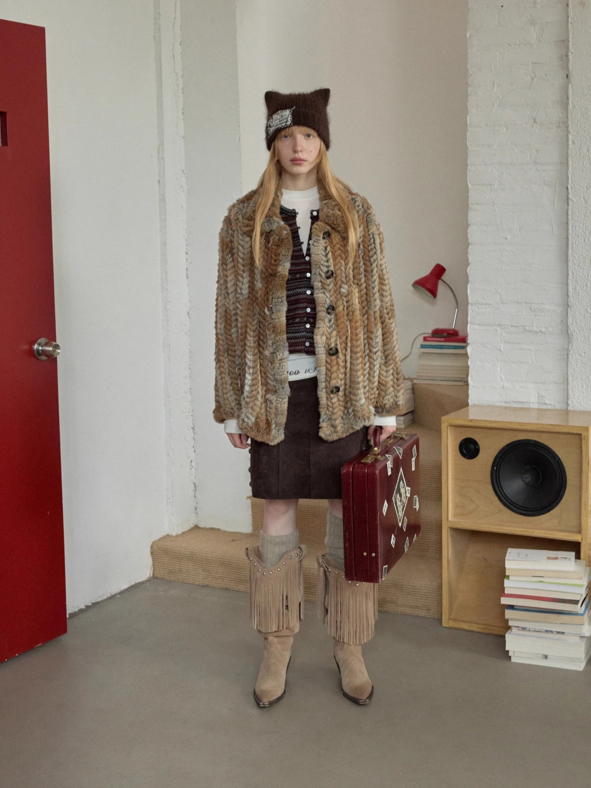 Suede Studded High-Waist Midi Skirt