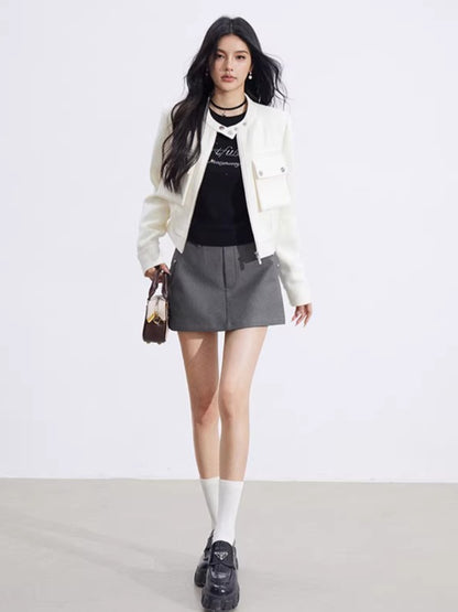 Chic Stand-Collar Tweed-Style Short Jacket