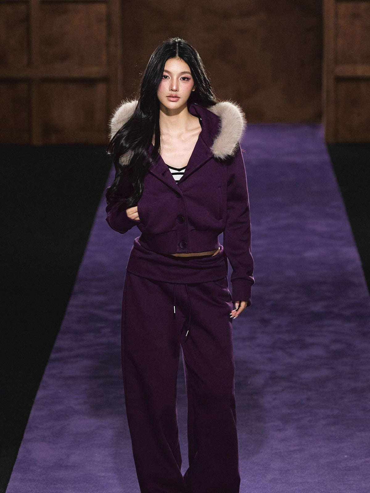 Faux Fur Hooded Cropped Hoodie &amp; Jogger Set