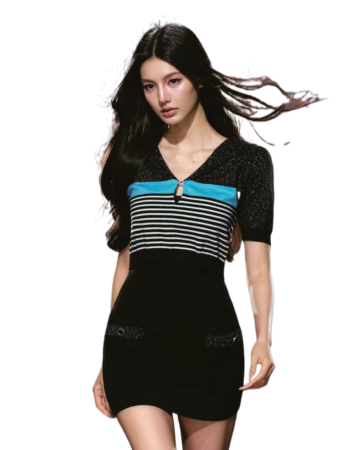 Contrast Trim Sheer Knit Dress & Cropped Cardigan Set Top / L