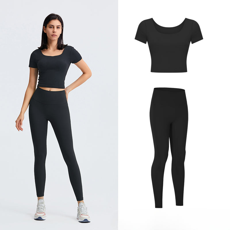 Square-neck Padded Yoga Fitness Top &amp; Seamless Yoga Pants Set