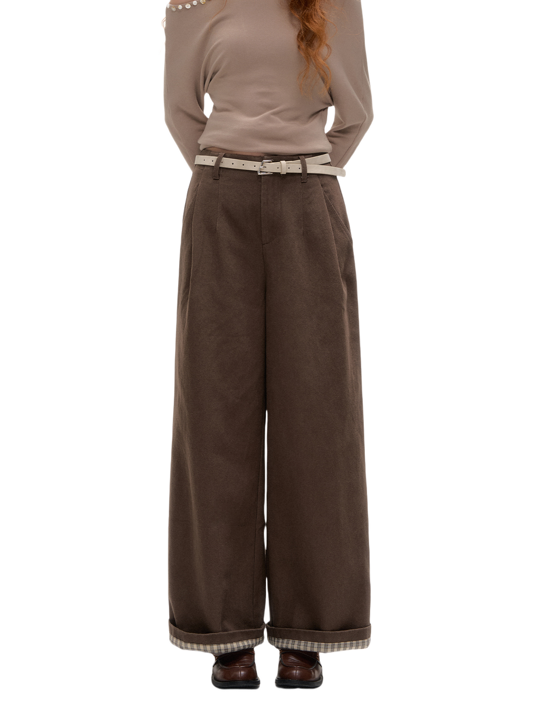 Plaid Cuff Belted Wide-Leg Trousers
