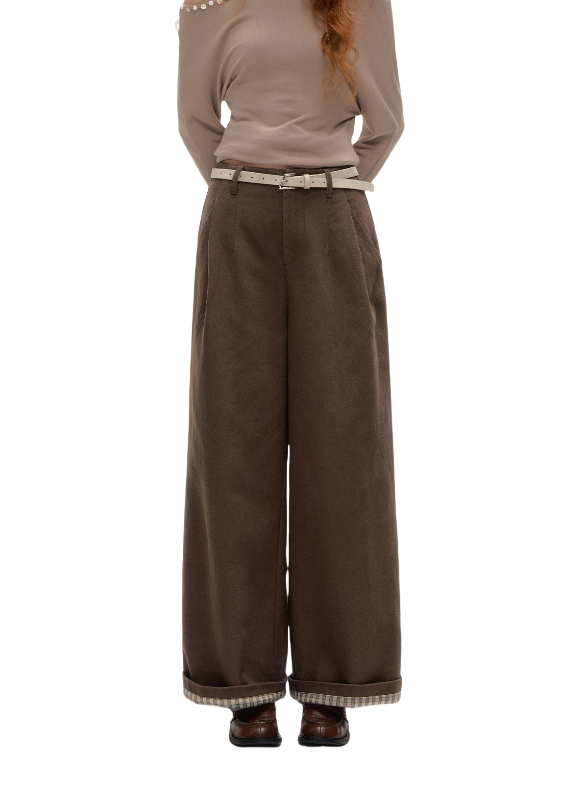 Plaid Cuff Belted Wide-Leg Trousers