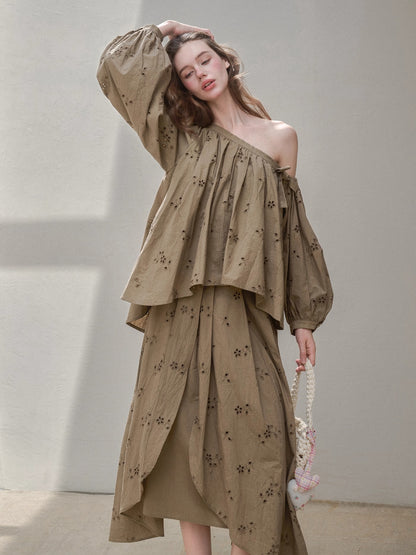 Embroidered Off Shoulder Blouse &amp; Skirt Set