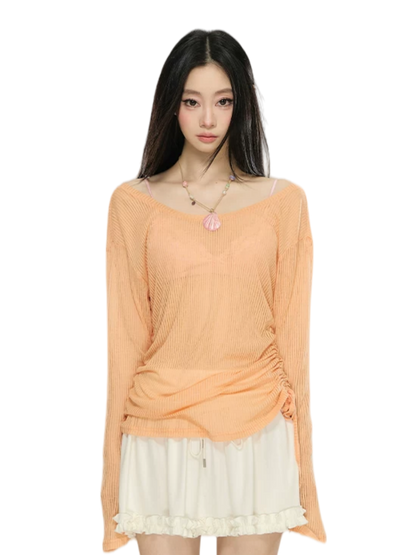 Sheer Textured Knit Open-Back Cover-Up Top