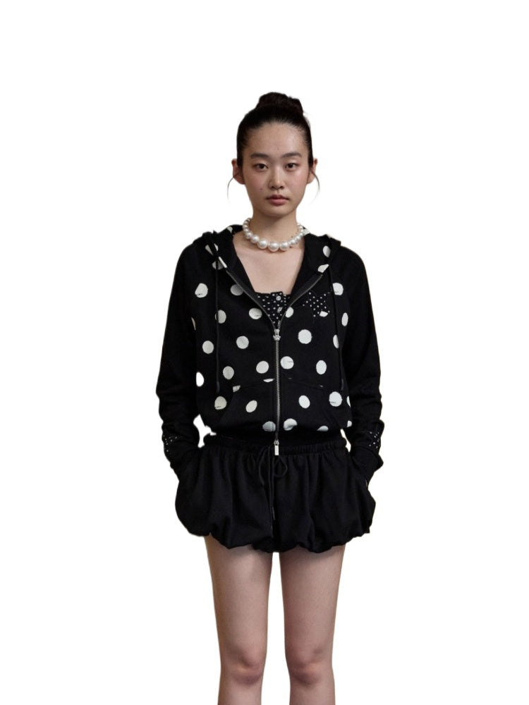 Polka Dot Spliced Zip-up Hoodie
