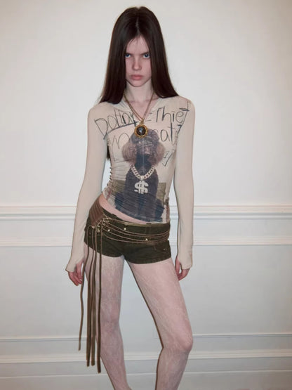 Zip-Up Hooded Long-Sleeve Fitted T-Shirt