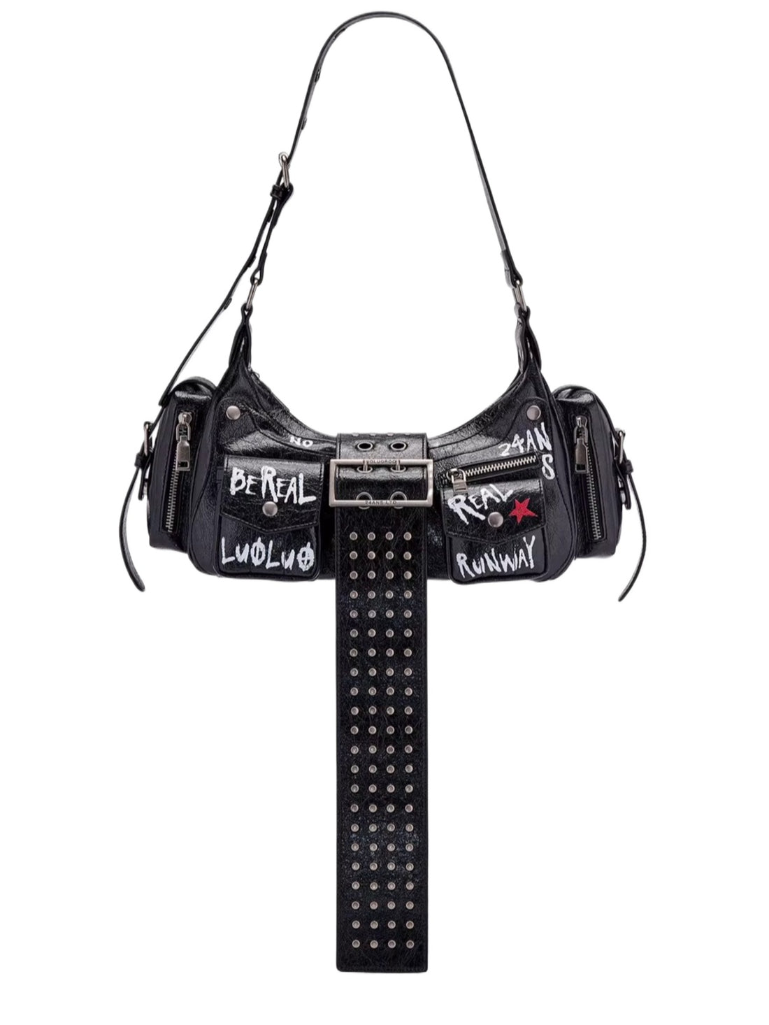 Graffiti-Print PU Cracked-Leather Bag