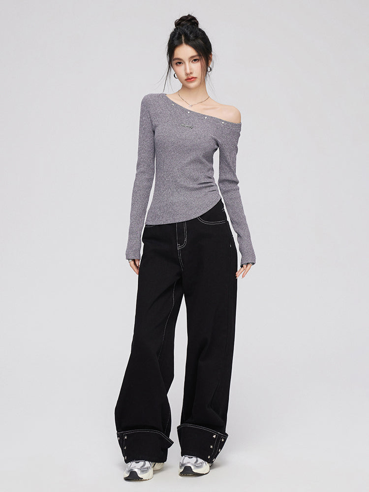 Cuffed Denim Wide-Leg Pants